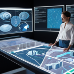 **Digital Mastery:** A modern architect in a sleek, digitally-enhanced studio, interacting with holographic architectural models and complex data visualizations. The scene conveys innovation, precision, and the rapid realization of complex designs through BIM and AI tools. A collaborative atmosphere with team members subtly visible in the background, working with advanced screens. Futuristic yet grounded.