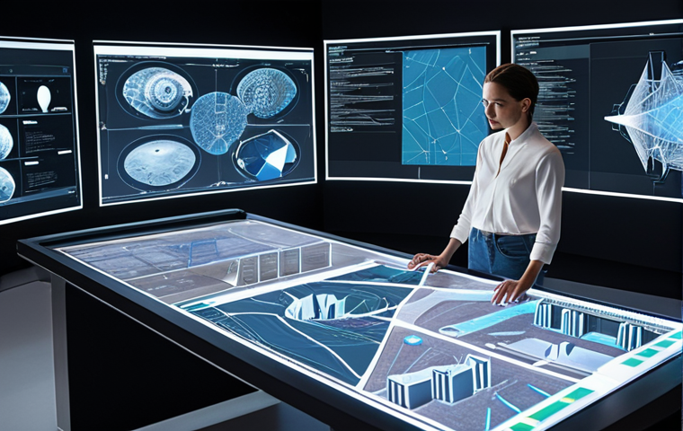 **Digital Mastery:** A modern architect in a sleek, digitally-enhanced studio, interacting with holographic architectural models and complex data visualizations. The scene conveys innovation, precision, and the rapid realization of complex designs through BIM and AI tools. A collaborative atmosphere with team members subtly visible in the background, working with advanced screens. Futuristic yet grounded.
