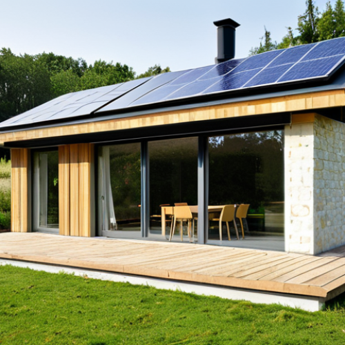 Home 18 Ecological Architecture**
"Exterior of a modern, eco-friendly house in the French countryside. The house is built with natural materials like wood and stone, featuring large windows and a green roof. Solar panels are integrated seamlessly into the design. Lush garden surrounding the house, showcasing native plants. Soft, natural lighting. Style: Professional architectural photography, emphasizing sustainability and harmony with nature. safe for work, appropriate content, fully clothed, professional, modest, family-friendly, perfect anatomy, correct proportions, natural pose, well-formed hands, proper finger count, natural body proportions."
**