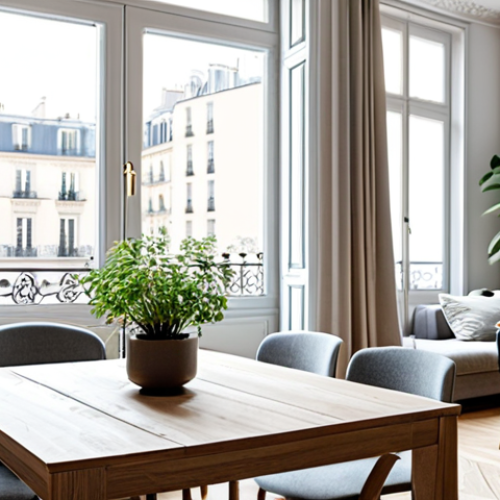 Home 9 Modern Parisian Apartment with Natural Light**
"A bright and airy Parisian apartment interior, featuring large windows allowing ample natural light to flood the space, fully clothed individuals enjoying coffee at a modern table, modest decor with plants, safe for work, appropriate content, professional photography, perfect anatomy, natural proportions, family-friendly, high quality."
**