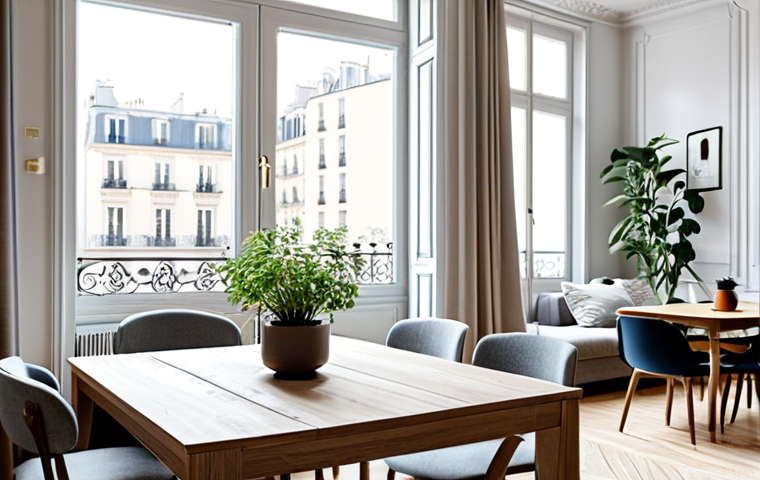Modern Parisian Apartment with Natural Light**

"A bright and airy Parisian apartment interior, featuring large windows allowing ample natural light to flood the space, fully clothed individuals enjoying coffee at a modern table, modest decor with plants, safe for work, appropriate content, professional photography, perfect anatomy, natural proportions, family-friendly, high quality."

**