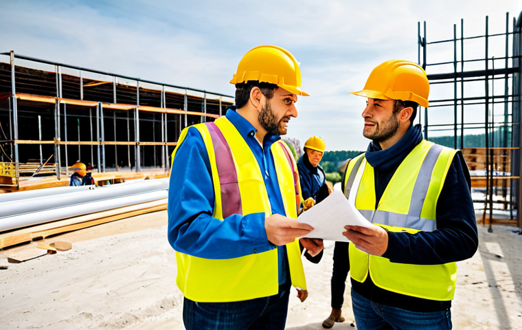 Collaborative Construction Site Meeting**

"A diverse team of construction workers, architects, and engineers gathered around a large blueprint on a construction site in France. Everyone is fully clothed in appropriate work attire, wearing hard hats and safety vests. They are engaged in a productive discussion, pointing at details on the plan. The background shows a half-finished building with scaffolding. Natural daylight, professional photography, safe for work, appropriate content, fully clothed, professional, correct proportions, well-formed hands, natural pose, modest attire, family-friendly."

**