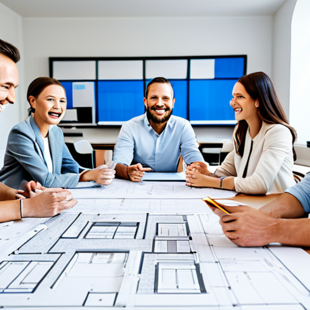 건축 실무에서 요구되는 소프트 스킬 - Collaborative Architectural Design Meeting**

"A bright, modern architectural office. Four architect...