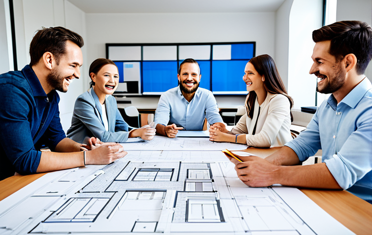 건축 실무에서 요구되는 소프트 스킬 - Collaborative Architectural Design Meeting**

"A bright, modern architectural office. Four architect...