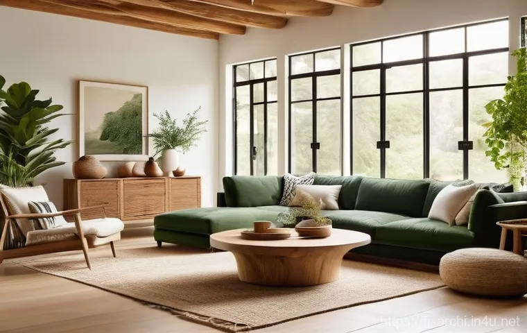 건축 인테리어 설계 사례 - **Prompt 1: Natural Serenity in a Biophilic Living Space**
    A sun-drenched, tranquil living room ...