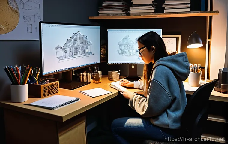건축 실기 시험 체크리스트 - **Late-Night Architectural Design Session:**
    "A diligent female architecture student in her mid-...