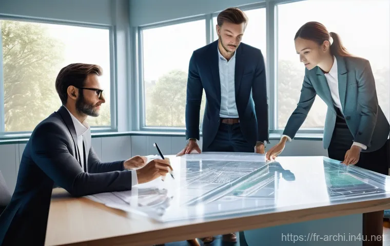 건축 설계와 시공 간의 연계성 - **Prompt 1: The Architect's Digital Blueprint**
    "A diverse team of architects and designers, inc...