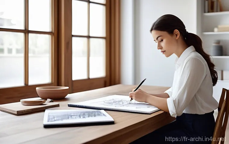 건축 설계 개념과 스케치 - **Prompt 1: Hybrid Architectural Workspace**
    "A bright, meticulously organized architect's studi...