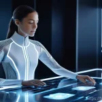 건축가가 사용하는 디지털 툴 트렌드 - **Prompt 1: AI-Powered Architectural Vision**
    A futuristic, highly detailed image of a female ar...