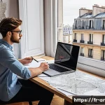 건축가가 되는 과정에서 겪는 도전 - A modern architecture student’s workspace in a bright studio apartment in Paris, featuring detailed ...