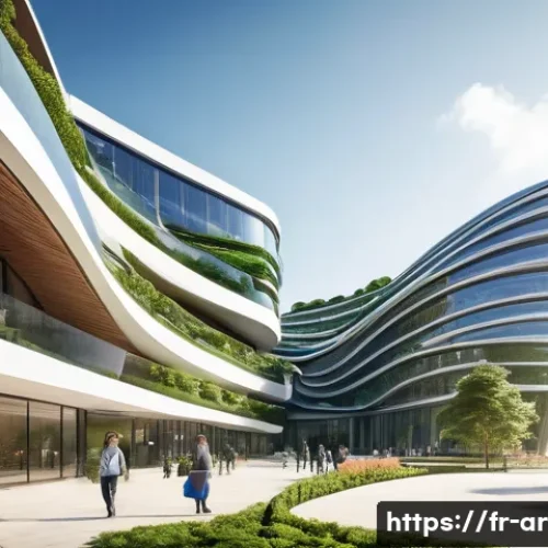 건축 설계와 컴퓨테이셔널 디자인 - A futuristic architectural scene showcasing a large building with organic, flowing curves inspired b...