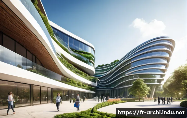 건축 설계와 컴퓨테이셔널 디자인 - A futuristic architectural scene showcasing a large building with organic, flowing curves inspired b...