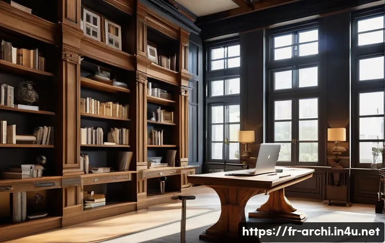 건축학 전공자 필독 서적 - A detailed and elegant architectural study room filled with classic and contemporary architecture bo...