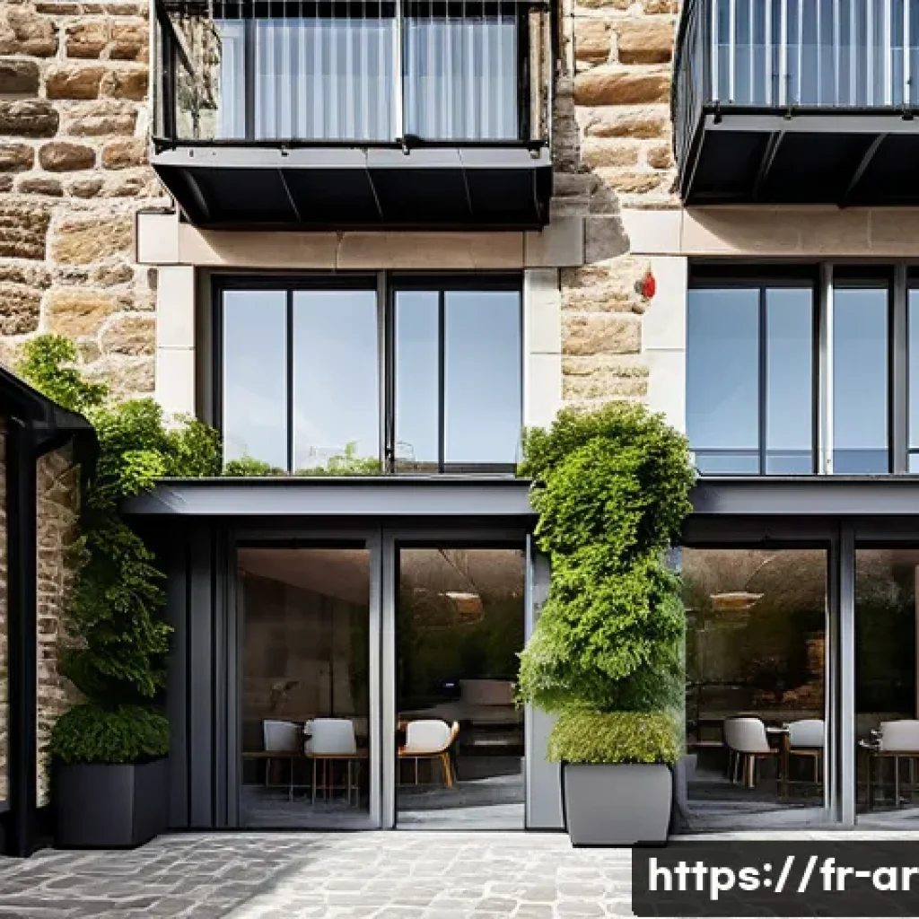 건축 설계의 과거와 현재 비교 연구 - A detailed architectural scene showcasing a harmonious blend of traditional and modern materials in ...