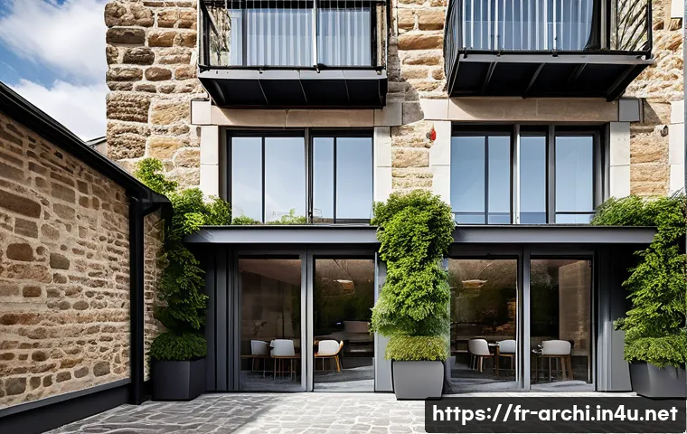 건축 설계의 과거와 현재 비교 연구 - A detailed architectural scene showcasing a harmonious blend of traditional and modern materials in ...
