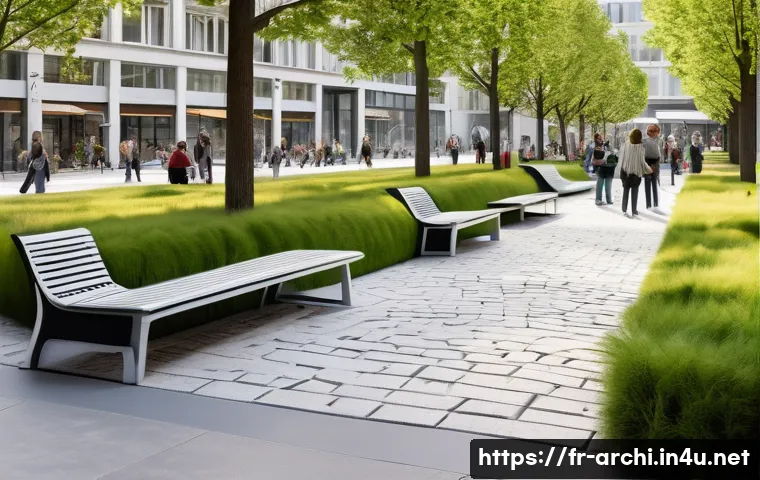 건축 설계와 공공공간 디자인 사례 - A vibrant Parisian multifunctional public square during a sunny day, featuring modular urban furnitu...