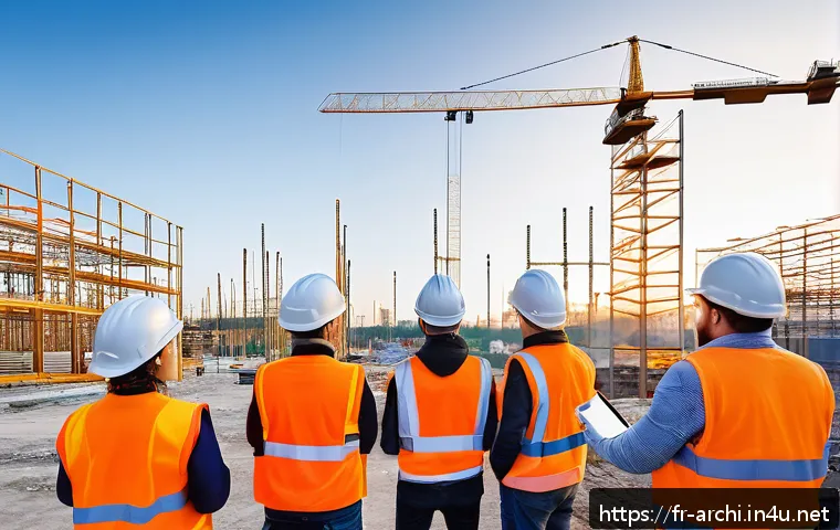 건축 실무에서의 팀워크 강화 방법 - A vibrant construction site in a modern French urban setting, featuring a diverse team of workers in...
