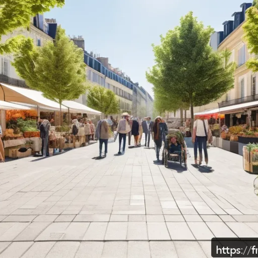 건축 설계와 도시 재생 프로젝트 - A vibrant multifunctional urban square in a French city, bustling with diverse crowds of all ages, f...