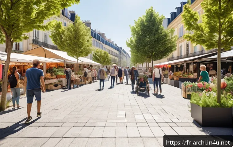건축 설계와 도시 재생 프로젝트 - A vibrant multifunctional urban square in a French city, bustling with diverse crowds of all ages, f...