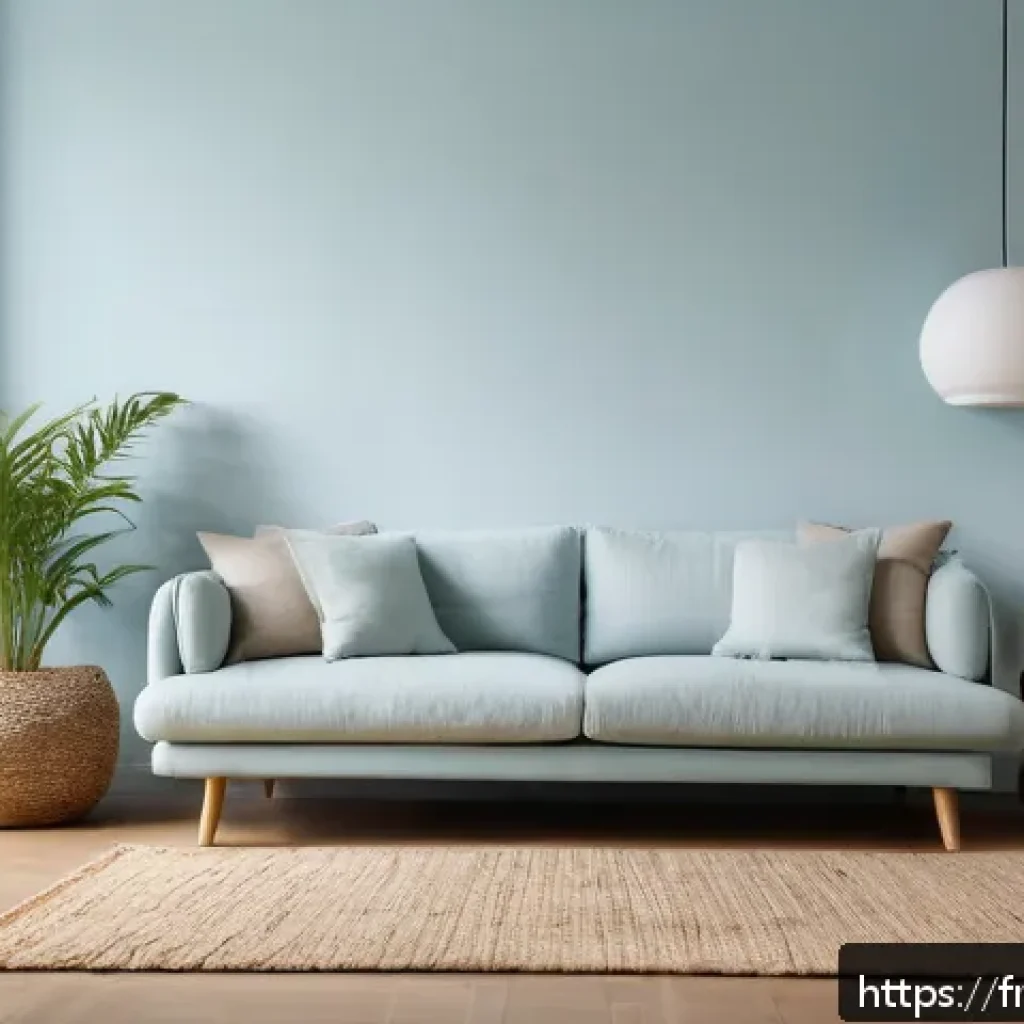 건축과 디자인 심리학 - A serene and cozy modern living room interior featuring a soft light blue accent wall that promotes ...