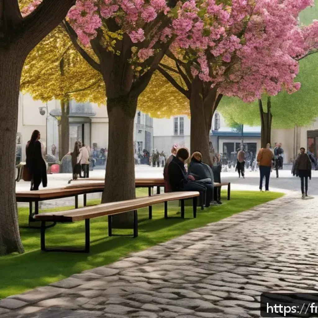 건축 설계와 지역 사회의 상호작용 - A vibrant urban public square in a French city neighborhood during springtime, featuring thoughtfull...