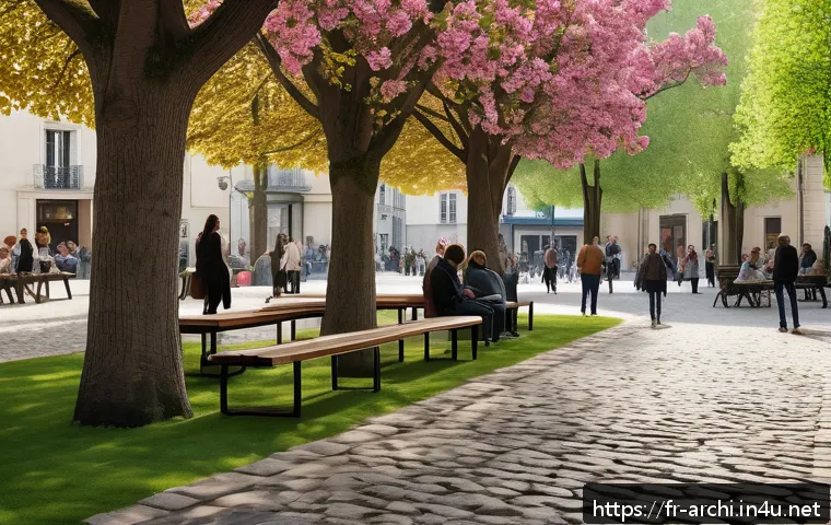 건축 설계와 지역 사회의 상호작용 - A vibrant urban public square in a French city neighborhood during springtime, featuring thoughtfull...