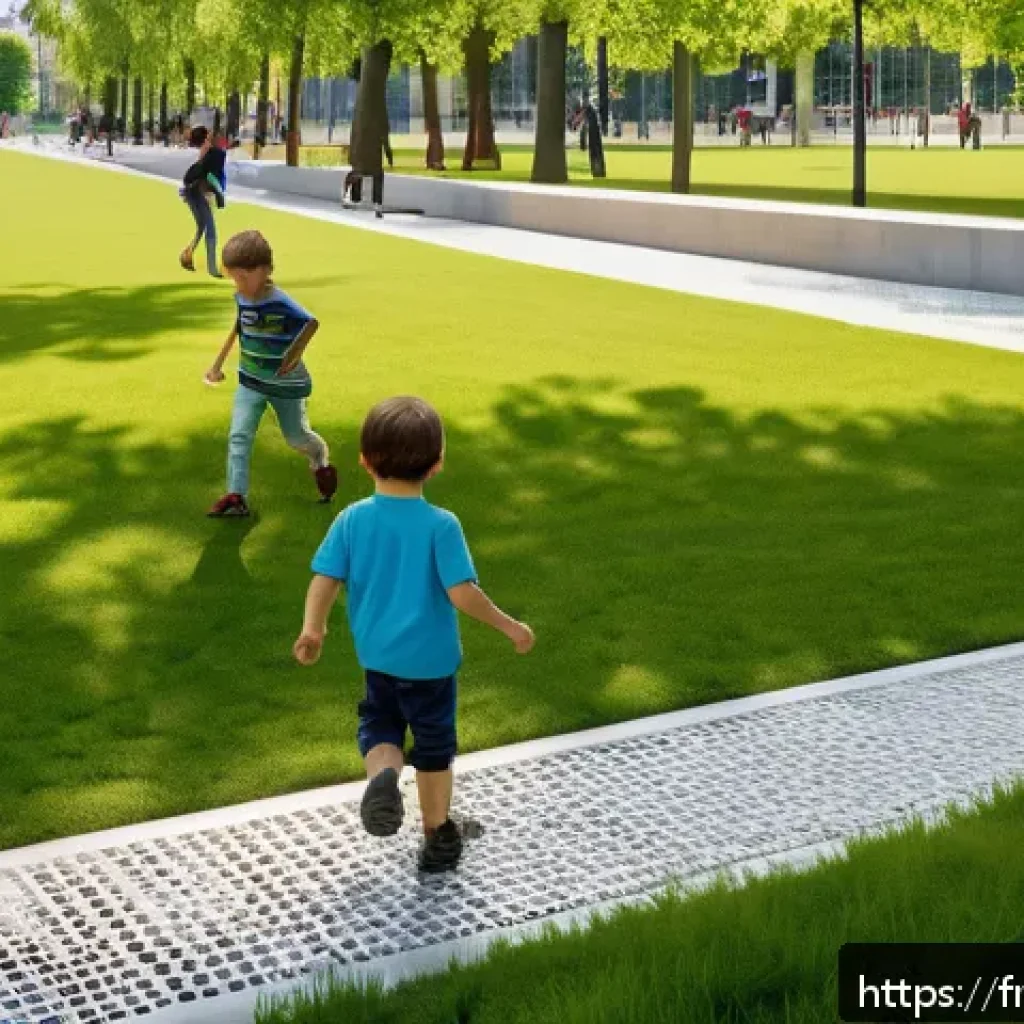 건축 설계와 공공 프로젝트 사례 - A vibrant multifunctional urban park in Lyon featuring children playing near water retention basins ...