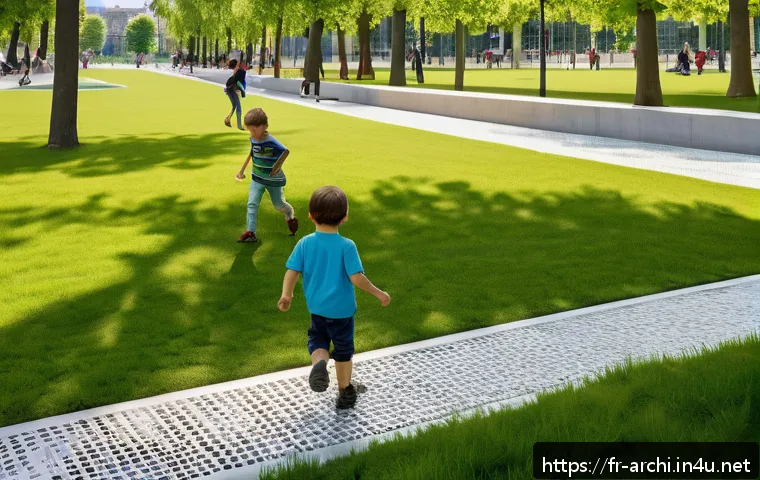 건축 설계와 공공 프로젝트 사례 - A vibrant multifunctional urban park in Lyon featuring children playing near water retention basins ...