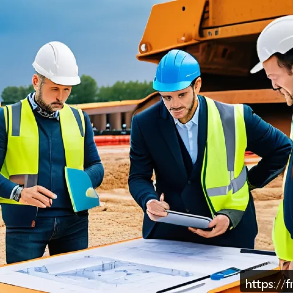건축 실무에서 시공사와의 소통 전략 - A professional construction site meeting in France, featuring diverse architects and contractors gat...