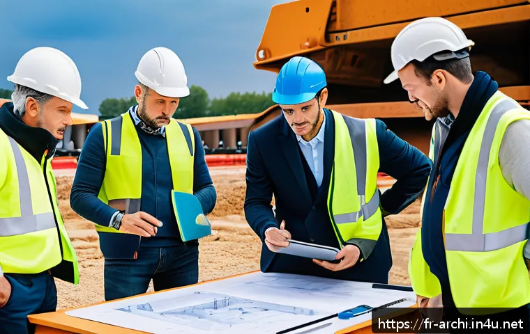 건축 실무에서 시공사와의 소통 전략 - A professional construction site meeting in France, featuring diverse architects and contractors gat...