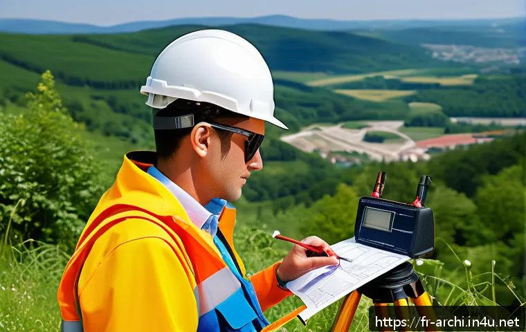 건축 설계 도면 작성 사례 - A professional architect on a sunny construction site, using a laser distance meter and a measuring ...