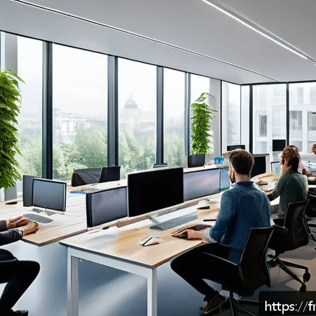 건축가가 알아야 할 신기술 동향 - A modern architectural studio scene showing a diverse team of architects collaborating remotely via ...