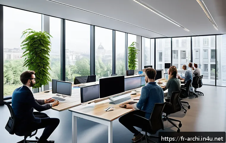 건축가가 알아야 할 신기술 동향 - A modern architectural studio scene showing a diverse team of architects collaborating remotely via ...