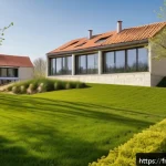 Home 20 건축 계획과 디자인 과정 - A modern architectural project site in a suburban French neighborhood during springtime, showing det...