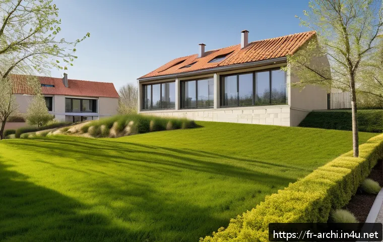 건축 계획과 디자인 과정 - A modern architectural project site in a suburban French neighborhood during springtime, showing det...