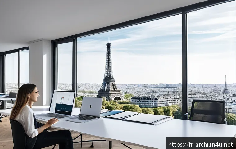 건축 실무에서의 비즈니스 개발 사례 - A modern architectural office in Paris with a diverse team of architects collaborating around a larg...