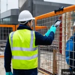 Home 23 건축가가 알아야 할 시공 현장 안전 - A detailed construction site scene in an urban French setting, showing workers wearing full personal...