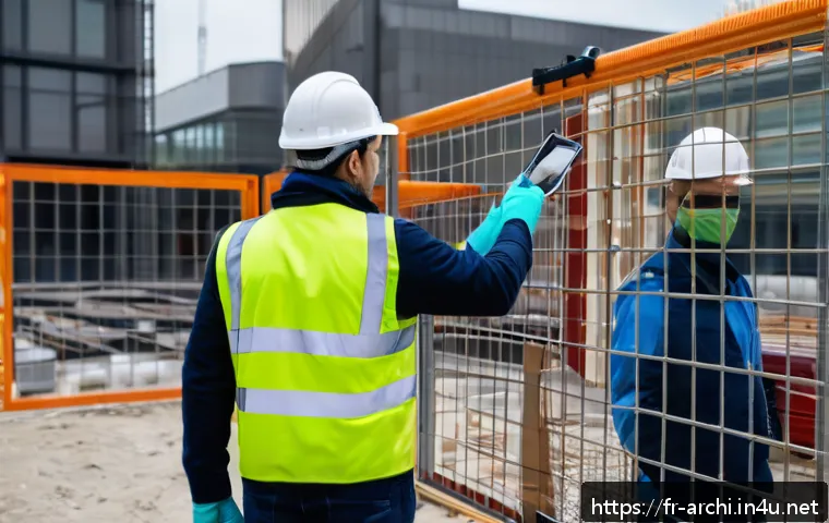 건축가가 알아야 할 시공 현장 안전 - A detailed construction site scene in an urban French setting, showing workers wearing full personal...