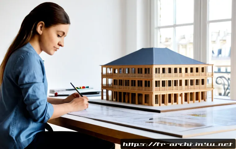 Home 17 건축 관련 공모전 참여 사례 - Photorealistic French architecture competition participant in a bright Paris studio, diverse young a...