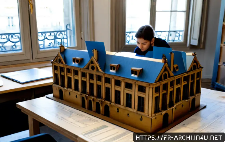 건축 실무에서 학습 곡선 관리하기 - Photorealistic French architectural studio, a junior architect at a clean oak desk comparing an earl...