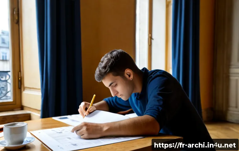 Home 17 건축사 시험 준비 노하우 - Photorealistic French architecture licensure exam preparation scene, focused young architect studyin...
